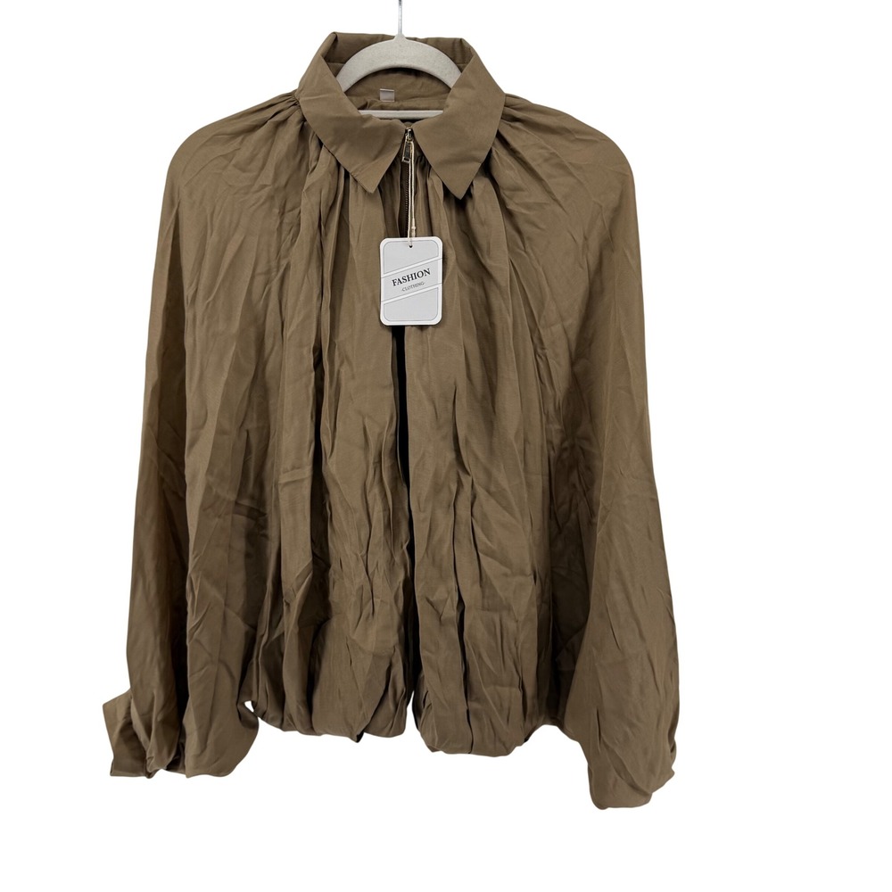 Khaki‎ Brown Blouse Jacket Batwing Size L Collared Long Sleeve Zip Up Polyester
